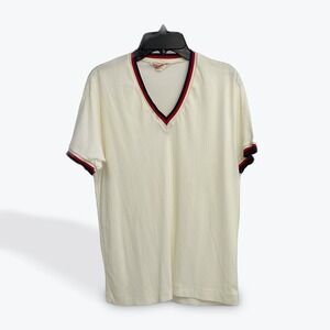 Vintage Sporty V Neck Ribbed Pullover Top‎ Cream Red Blue Trim Size L
